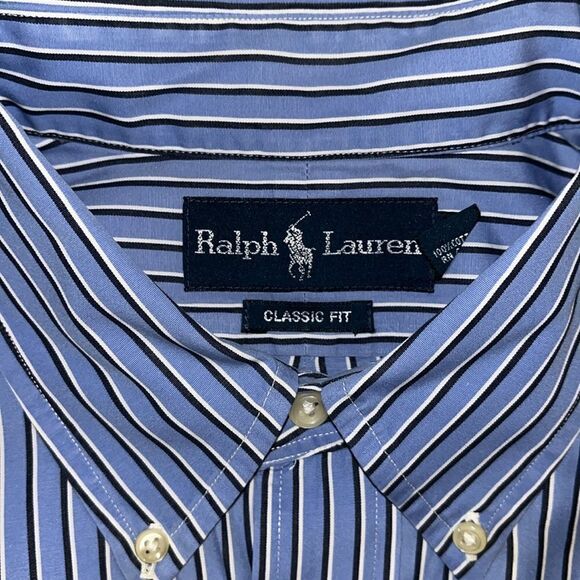 2 beautiful Polo Ralph Lauren Blue stripe w/pony cotton LS shirts 16 1/2” x 33 - Picture 5 of 6